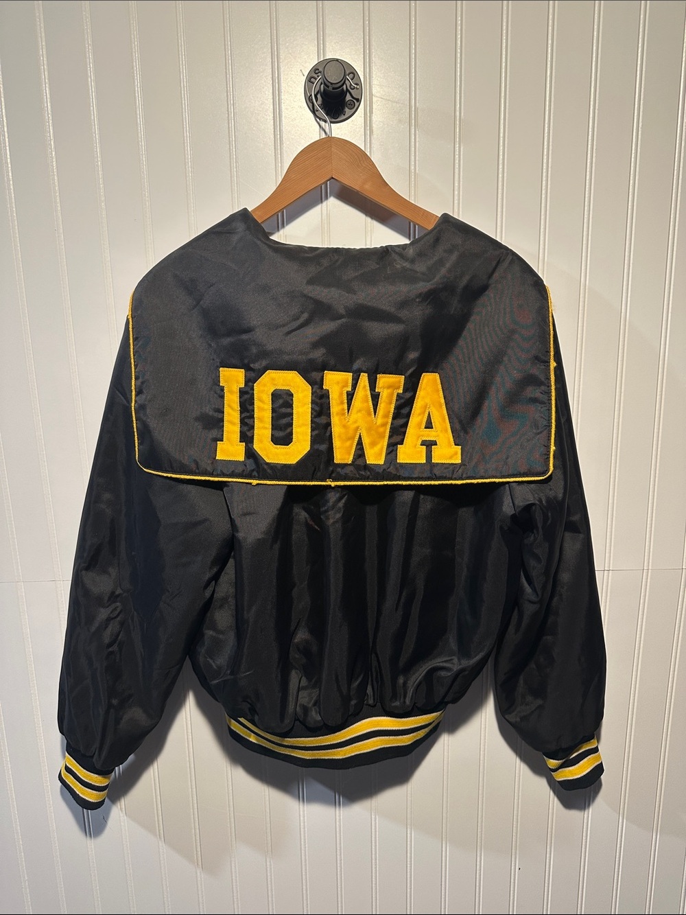 Vintage Iowa Hawkeyes Black Bomber Jacket with Stitched Cape - 80s - Satin